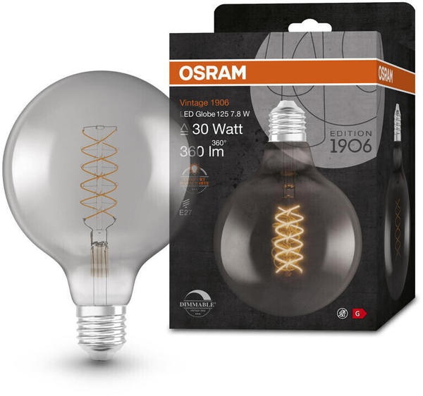 Osram LED Lampe ersetzt 30W E27 Globe - G125 in Grau 7,8W 360lm 1800K dimmbar 1er Pack grau