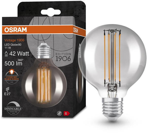 Osram LED Lampe ersetzt 42W E27 Globe - G80 in Grau 11W 500lm 1800K dimmbar  1er Pack grau Test TOP Angebote ab 14,40 € (April 2023)