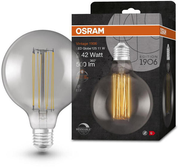 Osram LED Lampe ersetzt 42W E27 Globe - G125 in Grau 11W 500lm 1800K dimmbar 1er Pack grau