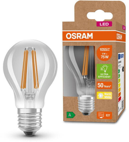 Osram LED Lampe ersetzt 75W E27 Birne - A60 in Transparent 5W 1055lm 3000K 1er Pack transparent