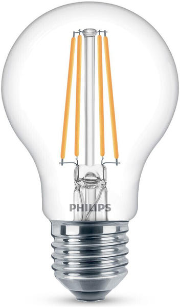 Philips LED Lampe ersetzt 60W, E27 Standardform A60, klar, warmweiß, 806 Lumen, nicht dimmbar, 1er Pack transparent