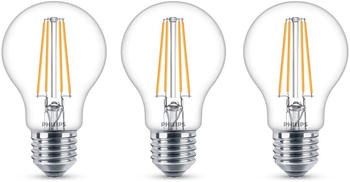 Philips LED Lampe ersetzt 60W, E27 Standardform A60, klar, warmweiß, 806 Lumen, nicht dimmbar, 3er Pack transparent