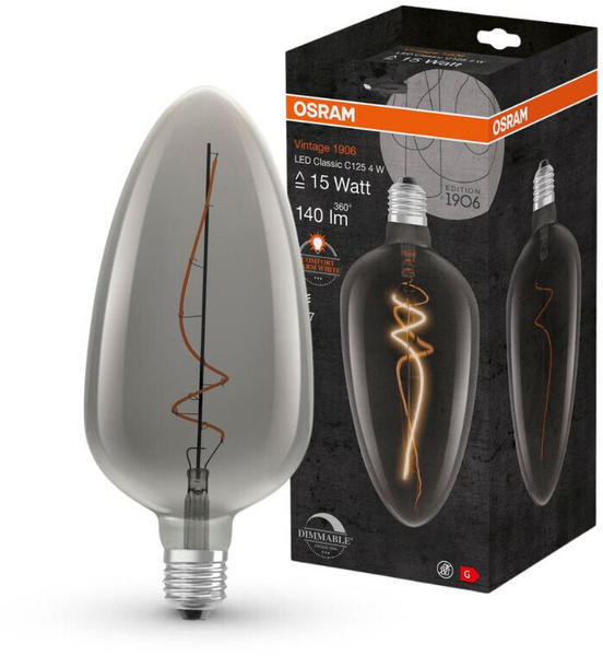 Osram LED Lampe ersetzt 15W E27 Spezialform in Schwarz-transparent 4W 140lm 1800K dimmbar 1er Pack rund grau