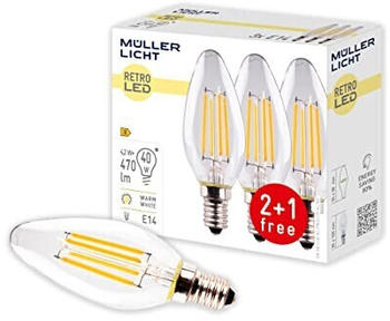 Müller-Licht LED-Kerzenlampe E14 4W 2.700K Filament 3er Set E