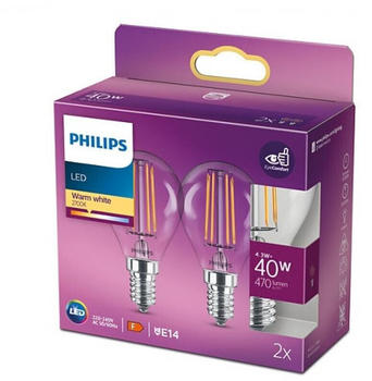 Philips 2er Pack E14 LED Tropfen Lampen klar 4.3W wie 40W warmweiß für behagliche Wohnbeleuchtung