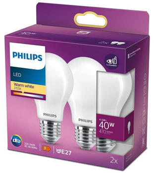 Philips 2er-Pack blendfreie E27 LED Lampen in Glühbirnenform weiß satiniert 4.5W wie 40W warmweiss