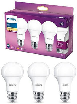 Philips 3er Set E27 LED Lampen 13W wie 100W 2700K warmweißes Licht weiß mattiert & blendfrei