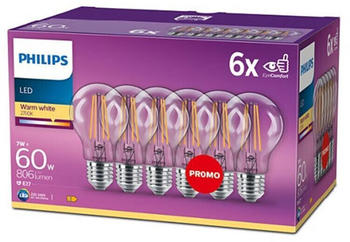 Philips 6er Sparpack E27 LED CLASSIC Lampen A60 7W wie 60W 2700K warmweißes Licht