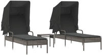 vidaXL Sonnenliegen 2 Stk. mit Dach und Tisch Grau Poly Rattan