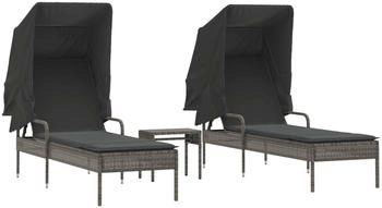 vidaXL Sonnenliegen 2 Stk. mit Dach und Tisch Grau Polyrattan (3261571)