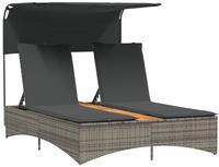 vidaXL Doppel-Sonnenliege mit Dach und Auflagen Grau Poly Rattan