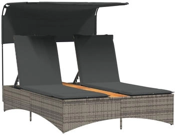 vidaXL Doppel-Sonnenliege mit Dach und Auflagen Grau Polyrattan 136 x 202 x 140 cm (365622)