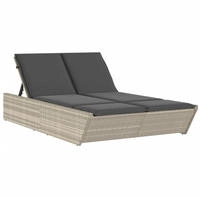 vidaXL Doppel-Sonnenliege mit Kissen Hellgrau Poly Rattan