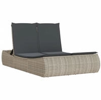 vidaXL Doppel-Sonnenliege mit Kissen Hellgrau Poly Rattan
