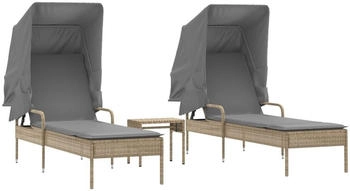 vidaXL Sonnenliegen 2 Stk. mit Dach und Tisch Beige Polyrattan 62 x 200 x 130 cm (3261572)