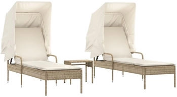 vidaXL Sonnenliegen 2 Stk. mit Dach und Tisch Beige 62 x 200 x 130 cm Polyrattan (3261573)