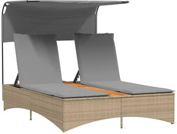 vidaXL Doppel-Sonnenliege mit Dach und Auflagen Beige Polyrattan 136 x 202 x 140 cm (365623)