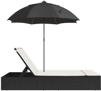 vidaXL Doppel-Sonnenliege mit Kissen&Sonnenschirm Schwarz Polyrattan (368081)