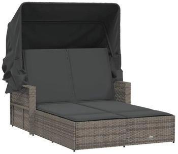 vidaXL Doppel-Sonnenliege mit Dach und Auflagen Grau Poly Rattan
