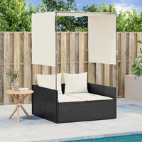 vidaXL Doppel-Sonnenliege mit Dach und Vorh&auml;ngen Beige Poly Rattan