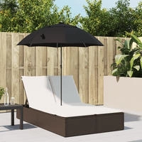 vidaXL Doppel-Sonnenliege mit Kissen & Sonnenschirm Beige Poly Rattan