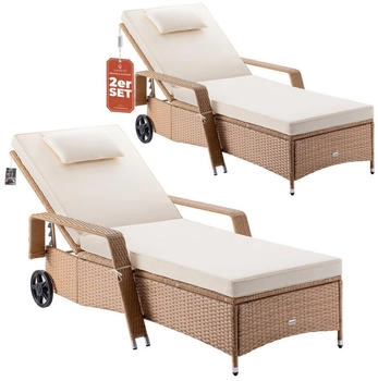 Casaria Gartenliege 2x Sonnenliege 165kg Belastbar inkl. 7cm Auflage Rollen Polyrattan Creme