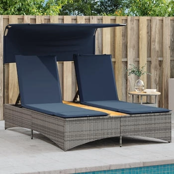 vidaXL Gartenliege Doppel-Sonnenliege mit Dach und Kissen Grau Poly Rattan