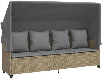 vidaXL Gartenliege Sonnenliege mit Dach und Kissen Beige Poly Rattan 1 St. Beige und Grau