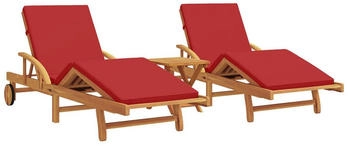 vidaXL Gartenliege Sonnenliegen 2er Set mit Kissen und Tisch Rot Massivholz 3 St. Braun (naturfinish)/Rot