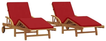 vidaXL Gartenliege Sonnenliegen 2 Stück mit Kissen und Rädern Rot Massivholz 2 St. Braun (Naturfinish)/Rot