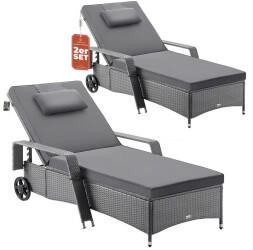 Casaria Gartenliege 2x Sonnenliege 165kg Belastbar inkl. 7cm Auflage Rollen Polyrattan Grau