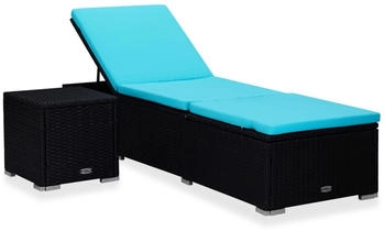 furnicato Gartenliege Sonnenliege mit Auflage und Teetisch Poly Rattan Blau 1 St.