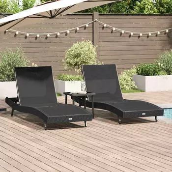 vidaXL Sonnenliege Schwarz (2 Stk.) 197 x 70 x 82 cm + Tisch