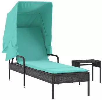 vidaXL Sonnenliege mit Sonnendach und Tisch Schwarz Polyrattan