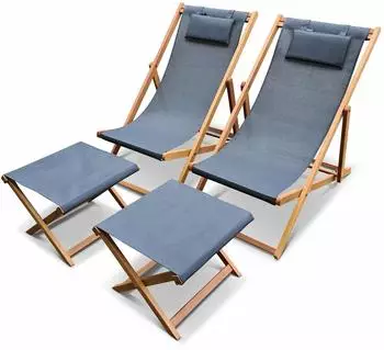 sweeek Creus 2er-Set Liegest&uuml;hle mit Fu&szlig;st&uuml;tze, Eukalyptusholz, Anthrazit (ECTXDECKFRATX2)