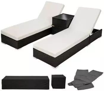 TecTake 2 Sonnenliegen Rattan mit Aluminiumgestell und Tisch inkl. Schutzh&uuml;lle schwarz (TT401500)