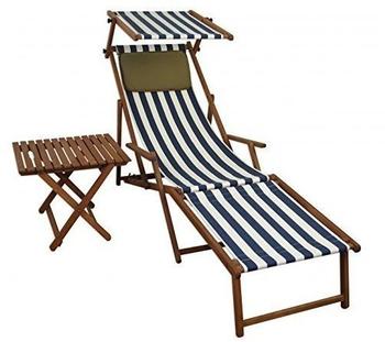 Erst-Holz Sonnenliege blau-weiß Strandliege Holzliege Buche Fußteil Sonnendach Tisch Kissen 10-317 FST KD