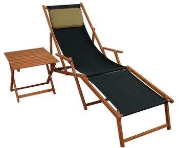 Erst-Holz Liegestuhl schwarz Fußablage Tisch Kissen Deckchair Sonnenliege Gartenliege Holz 10-305 F T KD
