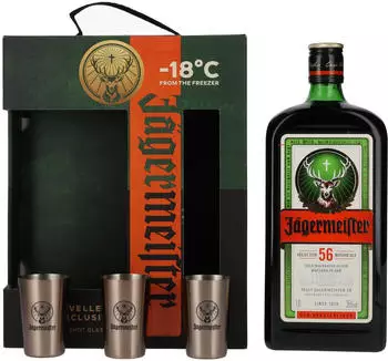 J&auml;germeister TRAVELLERS' EXCLUSIVE 1L 35% Geschenkbox + 3x Metal Shot Cups
