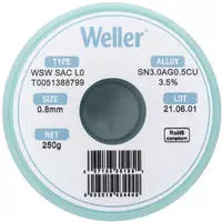 Weller L&ouml;tzinn T0051388799, Flussmittel, bleifrei, &Oslash; 0,8mm, 96,5% Zinn, 3% Silber,
