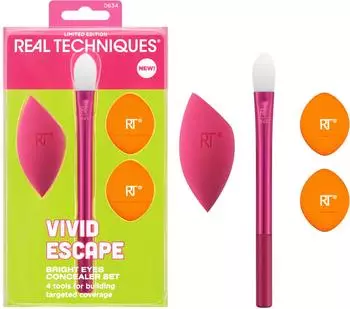 Real Techniques Vivid Escape Bright Eyes Concealer-Set, Kitten Paw Brush + 2x Mini Miracle Puffs + Schwamm (10063462)