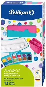 Pelikan ProColor 12 T&uuml;rkis/Pink Deckfarbkasten 1 Pinsel 2 Wasserboxen 12 Farben (701198)