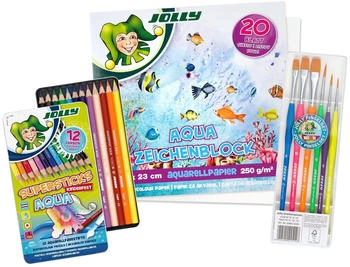 Jolly Malset Aquarell-Zeichen-Set, 9940-0189, Buntstifte, Pinsel und Aquarellblock, 19-teilig