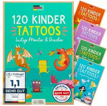Famifidus 120 Kinder Tattoos Lustige Monster & Drachen, 7 B&ouml;gen