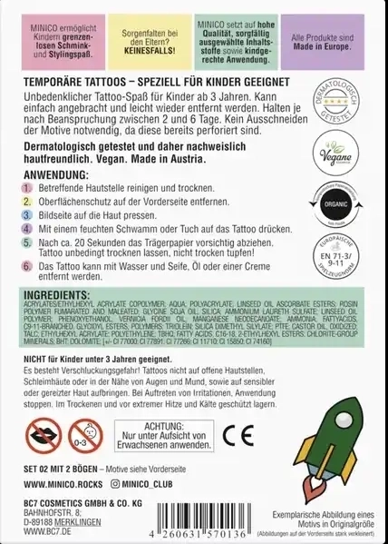 Minico Temporäre Tattoos Metallic- & Farbtattoos mit 30 Motiven, Set 02, 2 Bögen