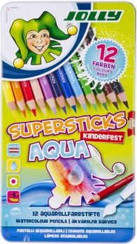 Jolly Aquarellstifte Supersticks Aqua, 3001-0001, kinderfest, sortiert, im Metalletui, 12 Stück