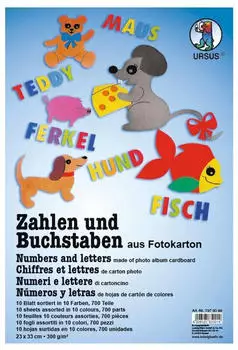 Ursus 5 x Fotokarton 300g/qm 23x33cm Buchstaben und Zahlen VE=10 Blatt farbig sortiert