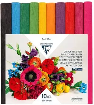 Clairefontaine Floristenkreppapier 10 Rollen 25x100cm 160g, sortierte Farben (995001C)