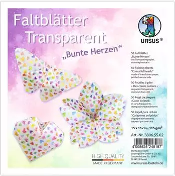 Ursus Transparentpapier-Faltbl&auml;tter Bunte Herzen 15x15cm, 50 Blatt (38065502)