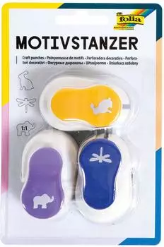 Folia Motivstanzer, Motivlocher, 3er Set, Hase, Libelle und Elefant